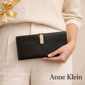 Anne Klein Vintage Leather Clutch Wallet Black Slim Billfold Gold Lion Clasp